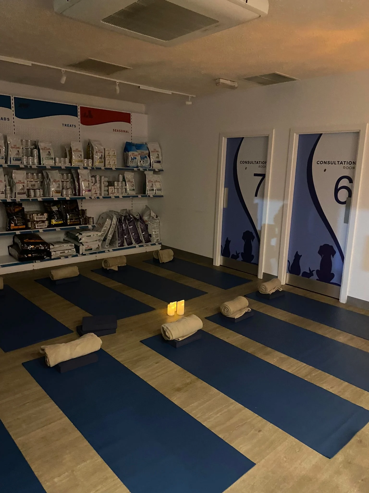 Vet practice waiting room turned into a yoga studio