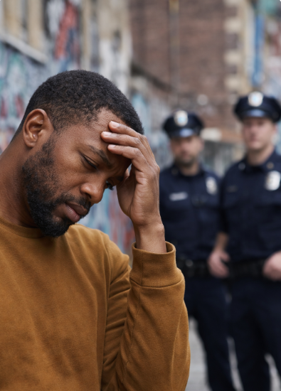 black man with 2 policemen in the background looking at him