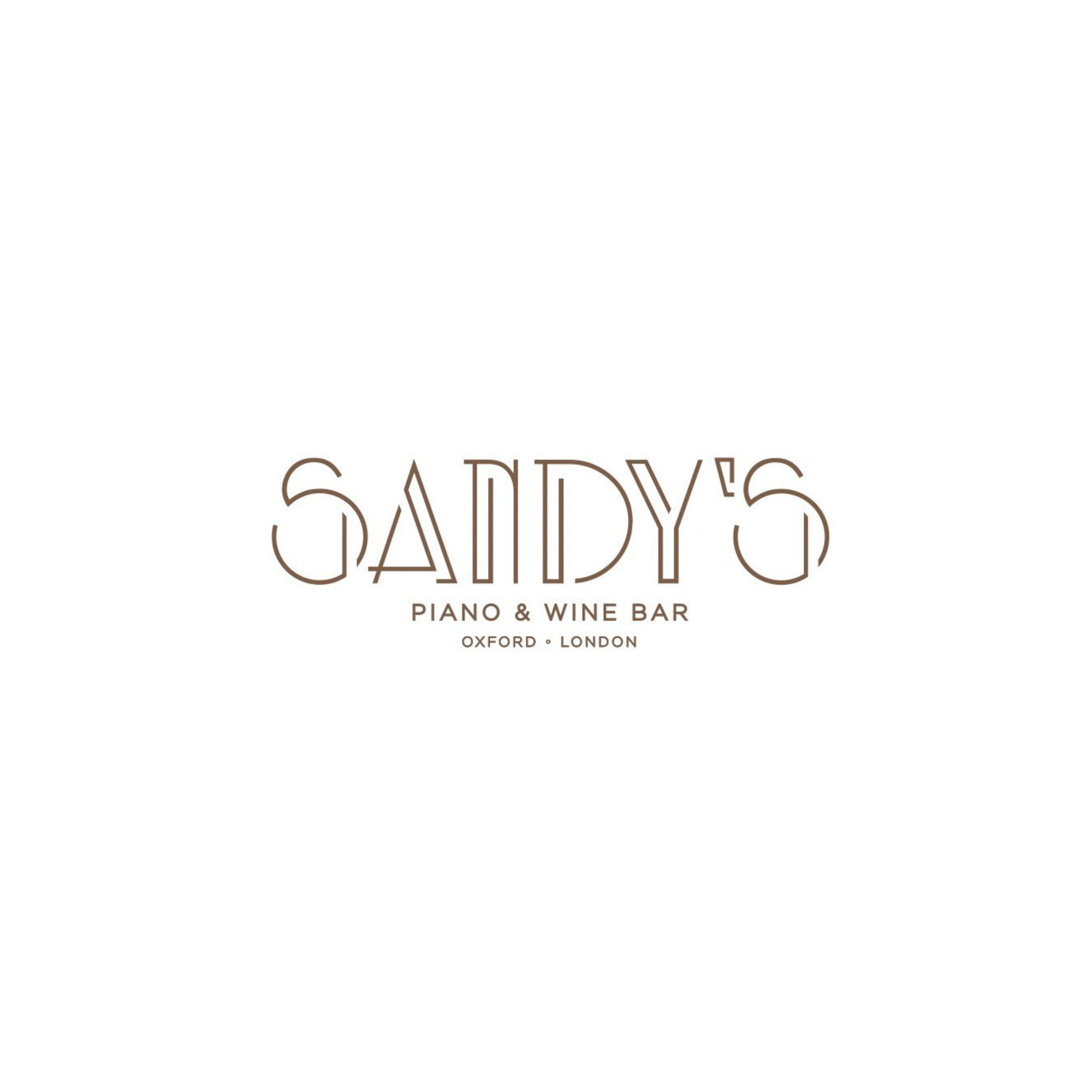 Sandy's Piano & Wine Bar logo featuring an elegant Art Deco-inspired wordmark in warm bronze on a white background. The logo includes the text "Piano & Wine Bar" with the locations "Oxford • London" beneath, reflecting a sophisticated and contemporar
