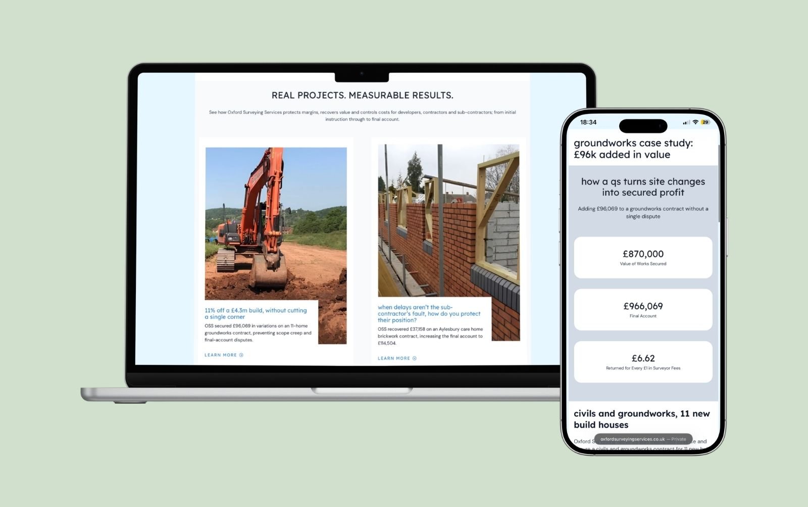 Laptop showing the Oxford Surveying Services case studies hub, with a mobile showing the groundworks case study and its stats