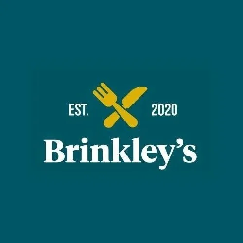 Brinkley's logo on a deep teal background featuring a crossed gold fork and knife icon above the brand name in bold white serif lettering. The text "EST. 2020" appears on either side of the icon, reflecting the catering company's established heritage