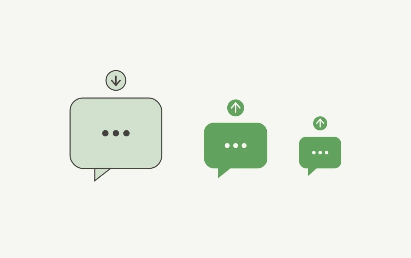 Illustration of three AI assistant chat bubbles of different sizes, one large and muted with a downward arrow, two smaller and emphasised in sage green with upward arrows, representing AI discovery share shifting away from a single dominant platform.
