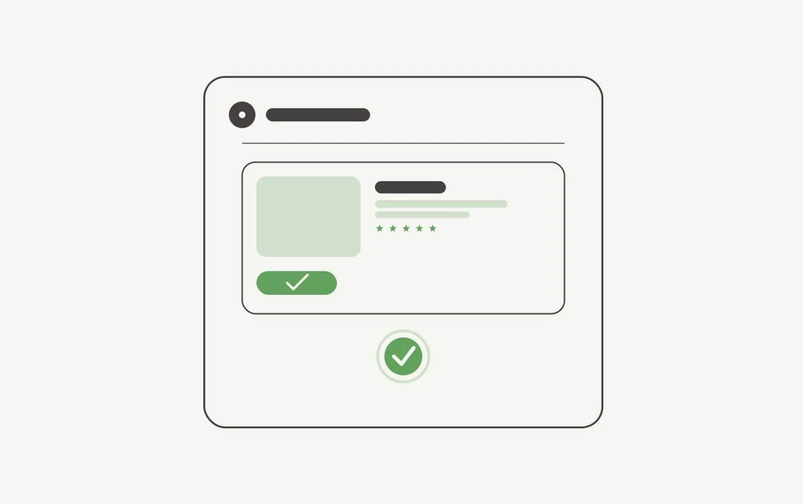 Illustration of a chat interface with a product card, star rating and buy button inside an AI agent's reply, with a completed purchase checkmark badge below, representing AI agents completing a transaction rather than just recommending a product.