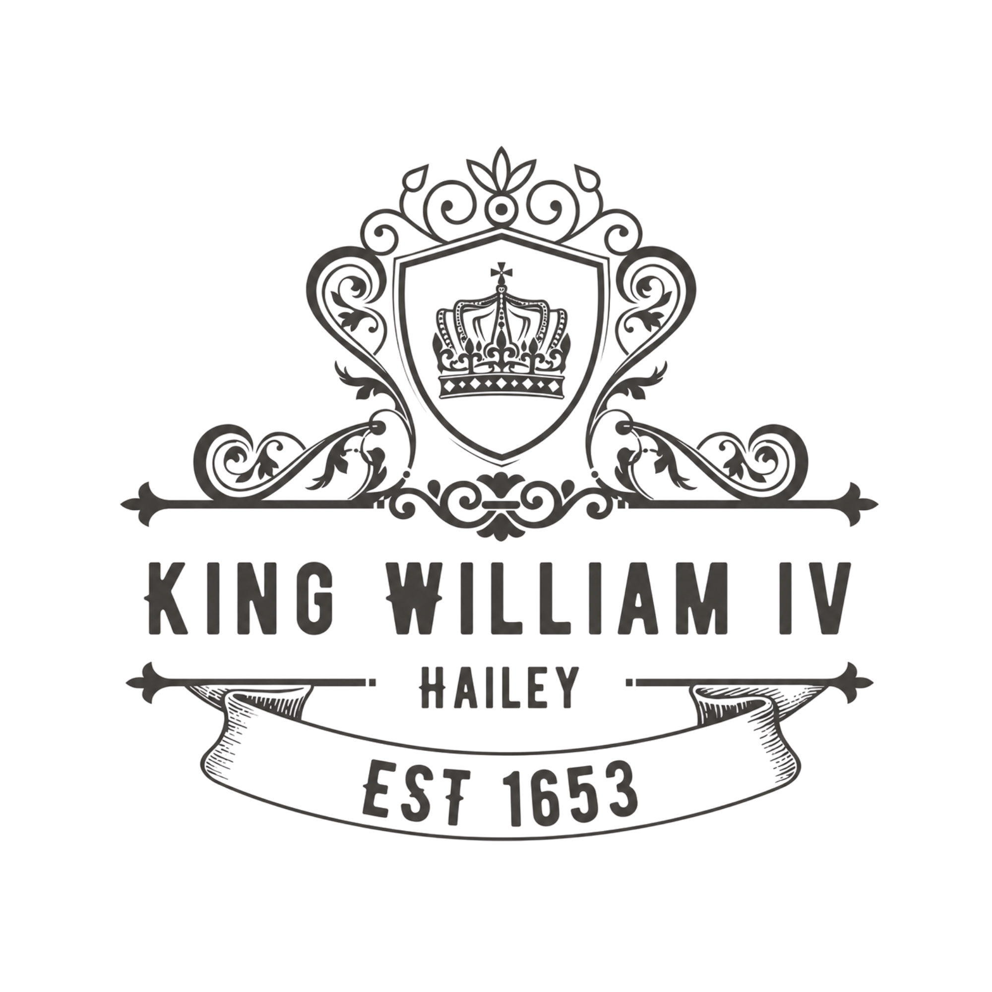 Close-up of a black ornate crest with a crown and decorative scrollwork, featuring the text 'KING WILLIAM' and 'EST. 1653'.