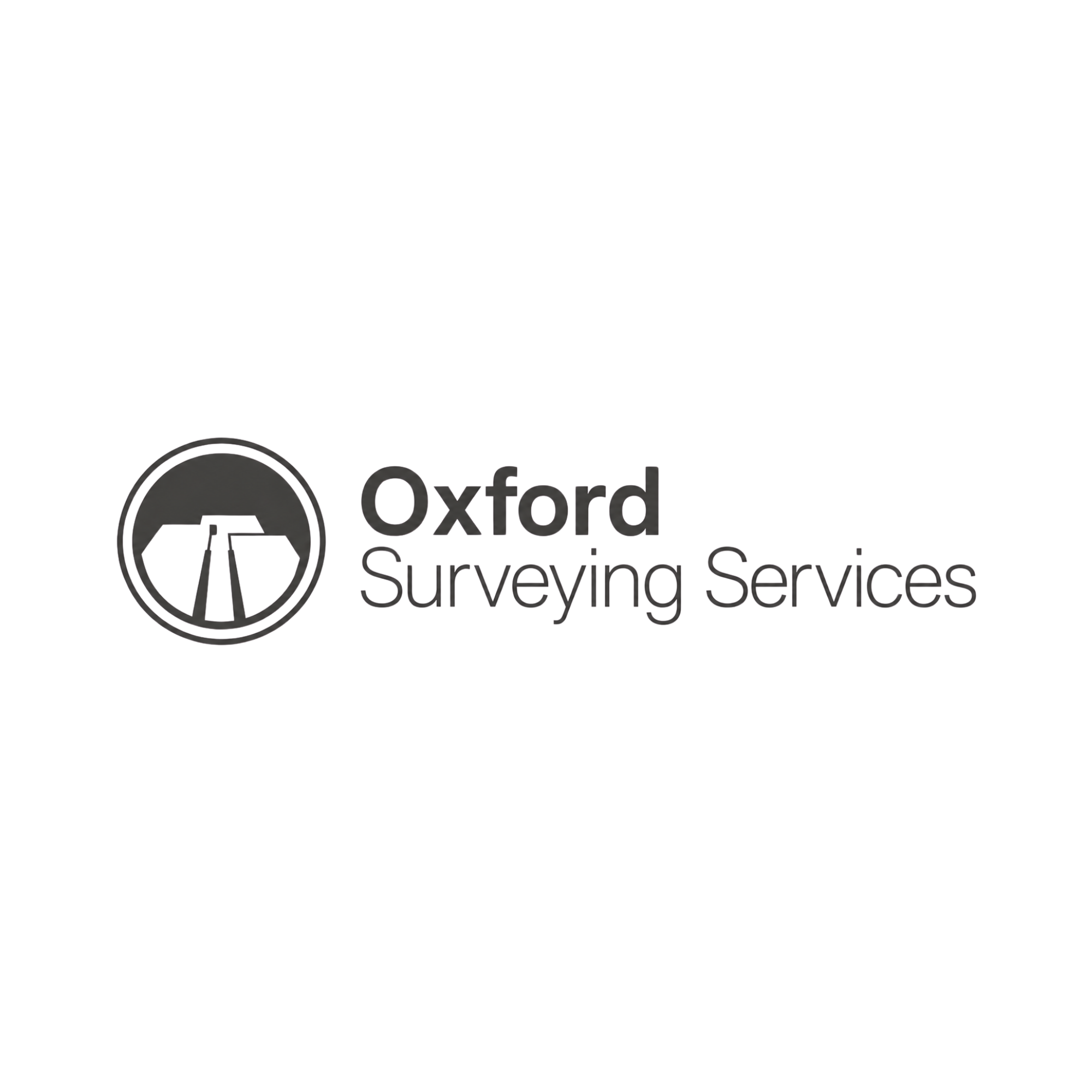 Black background with the Oxford Surveying Services logo, featuring a circular icon with a surveyor's tripod, and the company name in dark gray text.