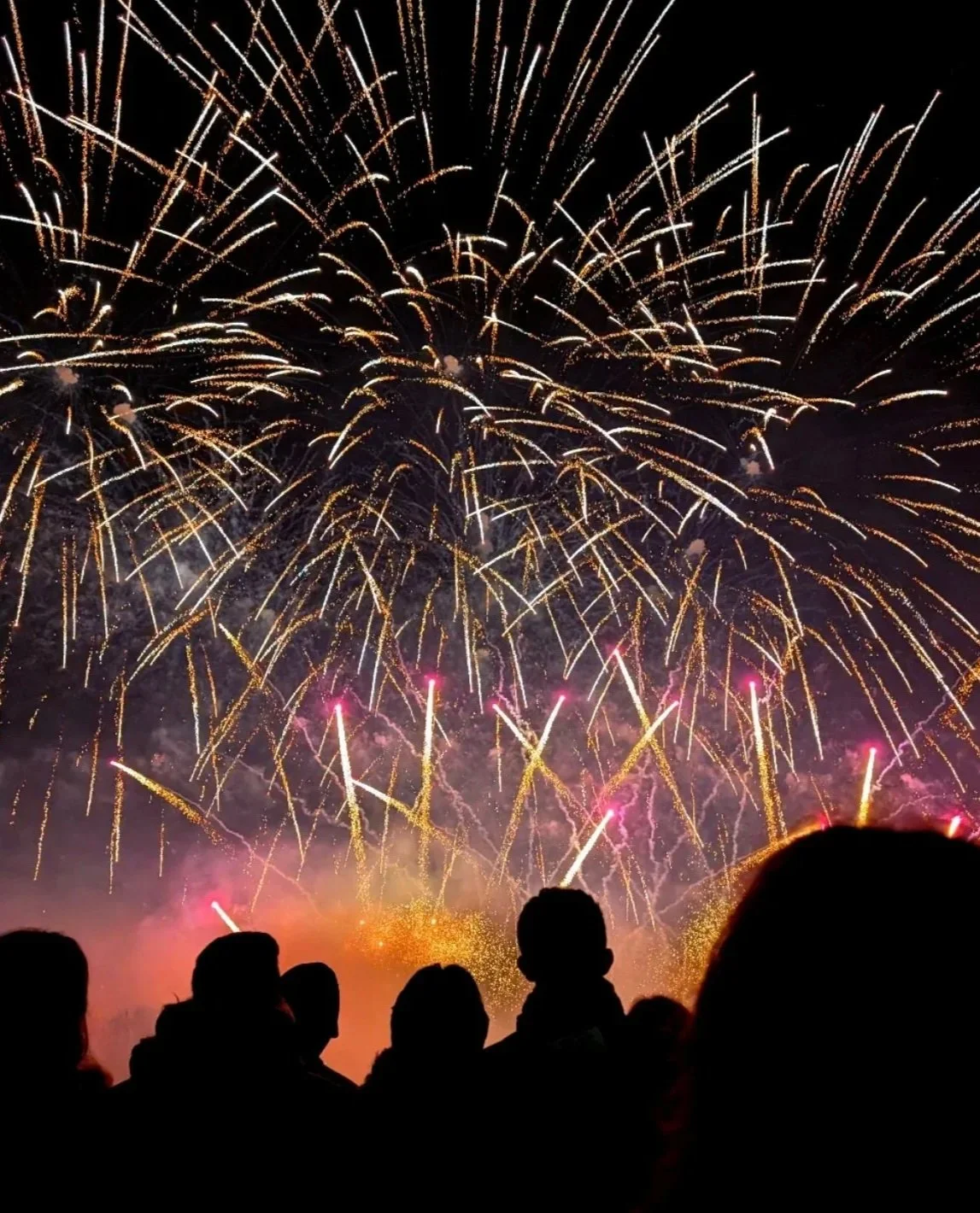 Night sky with colorful fireworks exploding and people silhouetted in the foreground.