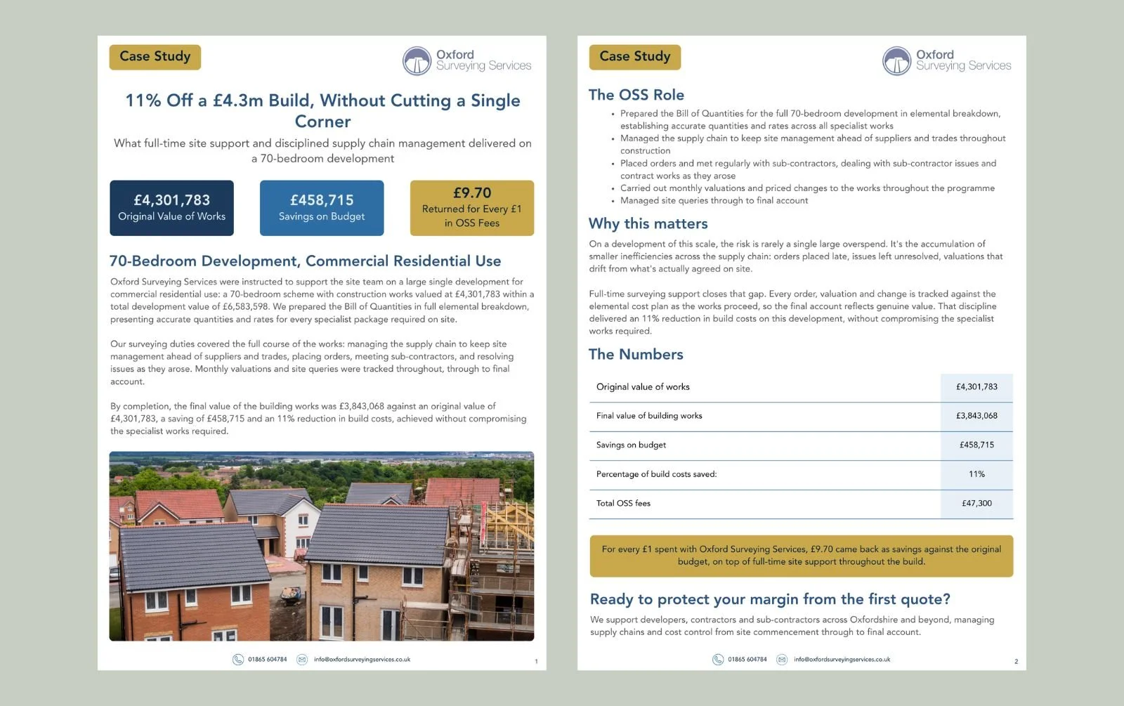 Oxford Surveying Services case study PDF showing £458,715 saved on a £4.3m, 70-bedroom commercial residential development