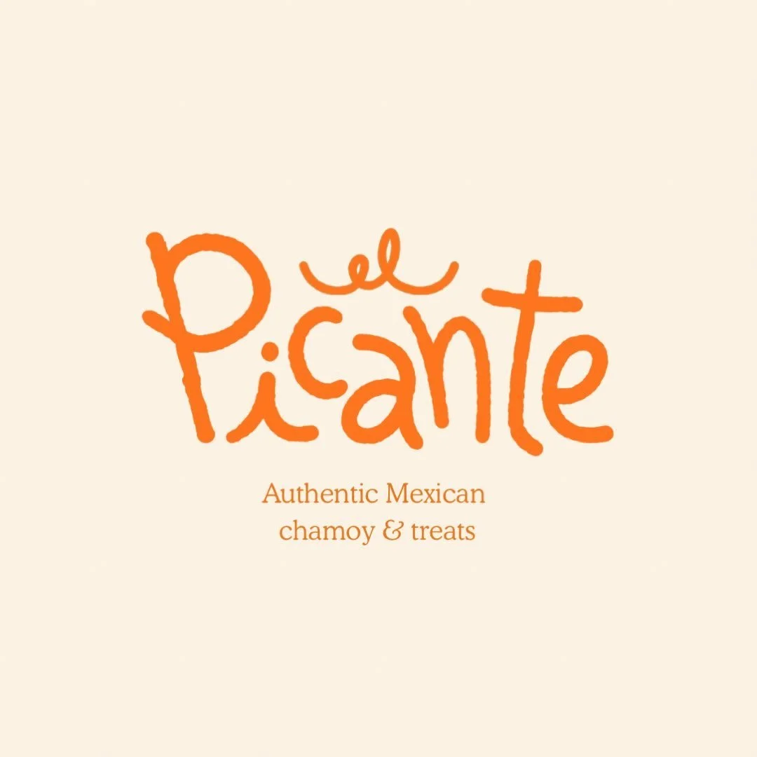 Logo for El Picante, an authentic Mexican chamoy and treats brand, featuring a playful hand-drawn orange wordmark on a warm cream background. The logo includes a small decorative flourish above the brand name and the tagline "Authentic Mexican chamoy
