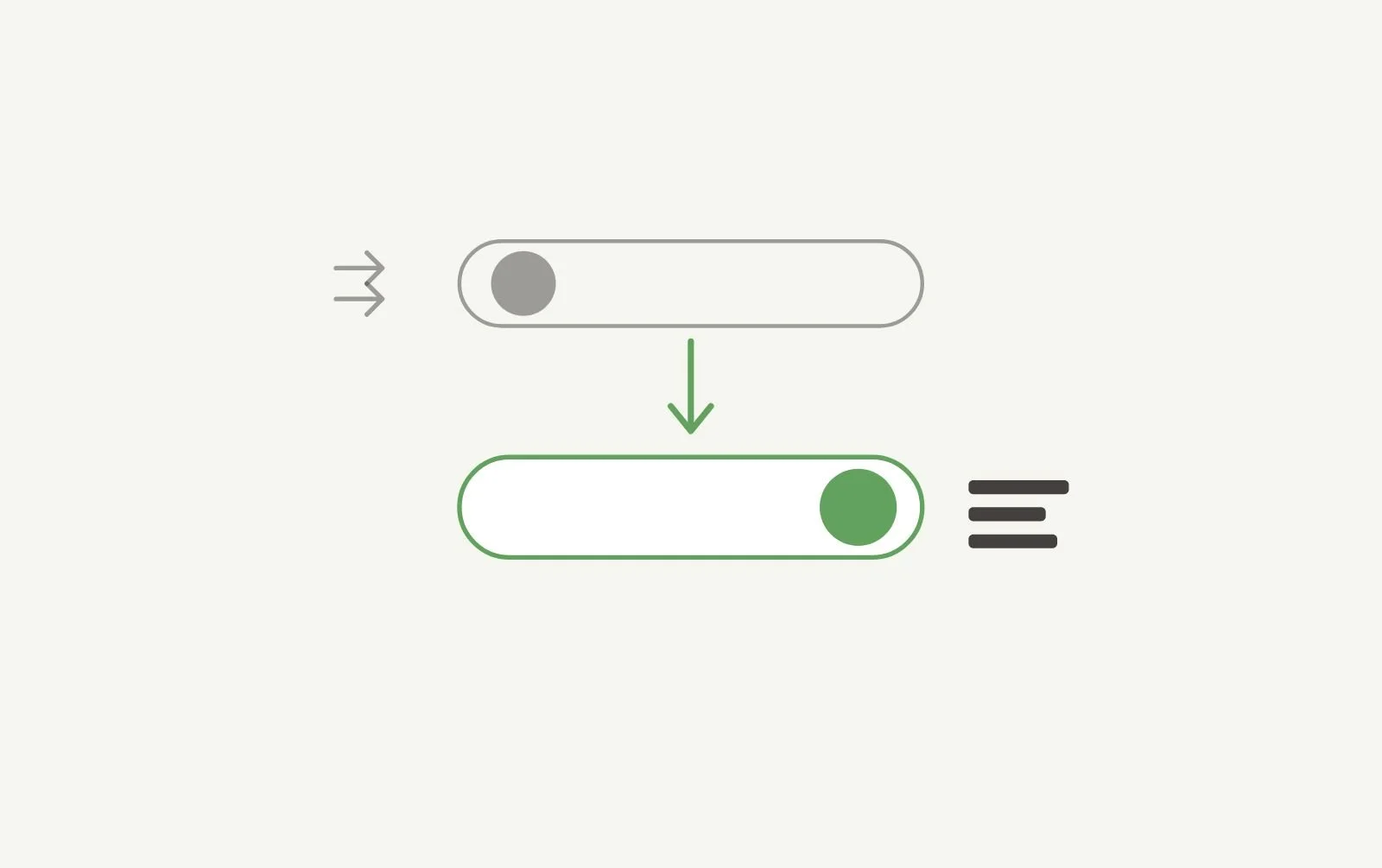 Flat vector illustration of two toggle switches: a muted grey switch representing an algorithm-driven feed above a sage green switch representing a chosen, following-only feed