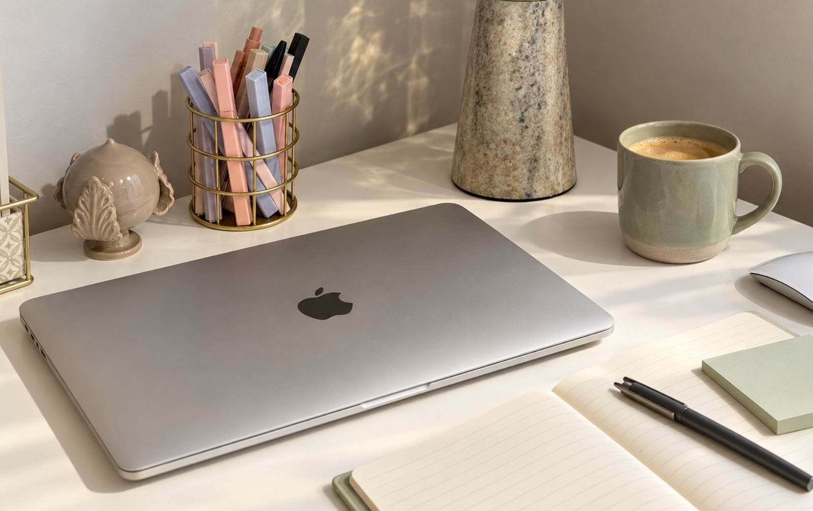 Desk setup used for planning a Squarespace website design project