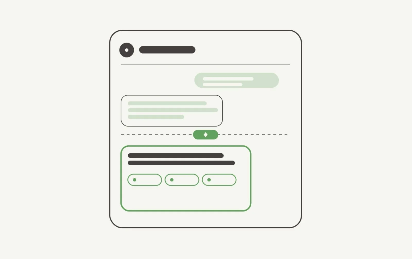 Illustration of a chat interface showing a plain text reply above a dashed line and a sponsored interactive agent with clickable action buttons below it, representing ChatGPT's new advertiser-sponsored agents.