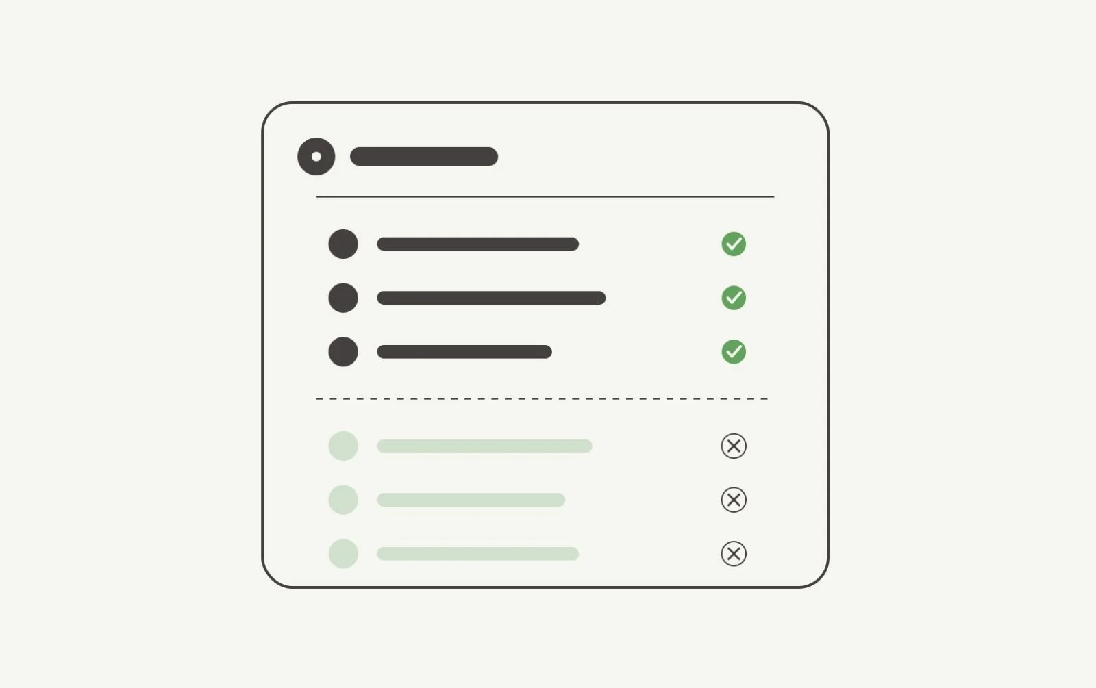 Illustration of a list of domain rows split by a dashed threshold, with three approved domains ticked above in solid charcoal and three blocked domains crossed out below in pale sage, representing GA4's new hostname allowlist filter.