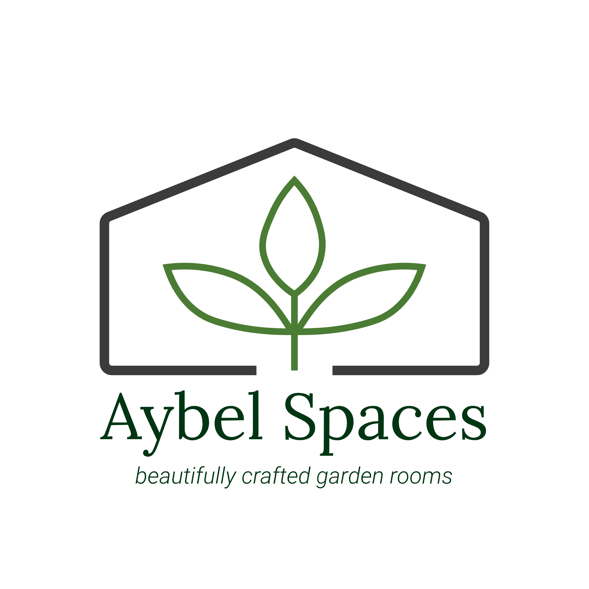 Aybel Spaces logo featuring a minimalist garden room outline in dark grey with a green three-leaf plant growing from the centre. The brand name "Aybel Spaces" appears below in an elegant dark green serif typeface, with the tagline "beautifully crafte