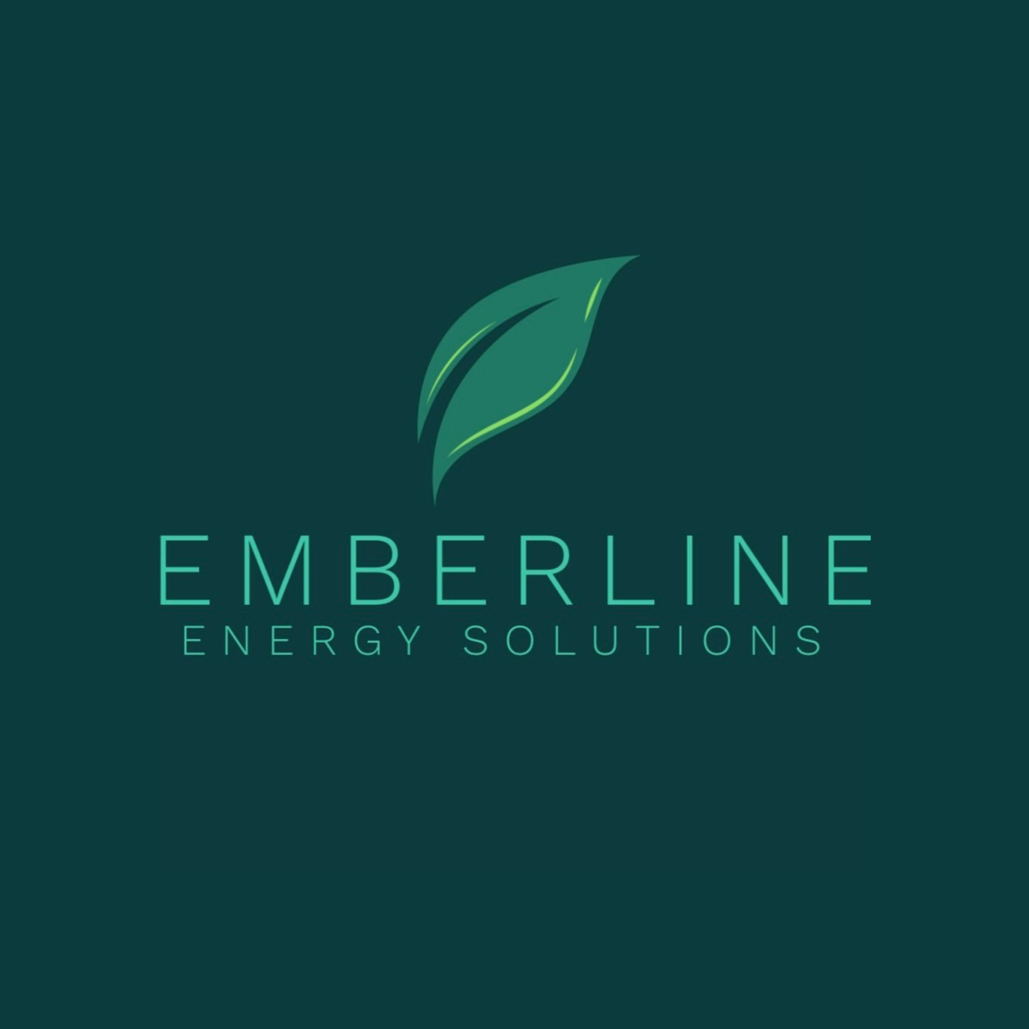 Emberline Energy Solutions logo featuring a stylised green leaf icon above the company name in a clean, modern sans-serif typeface. The logo uses teal and green tones on a dark teal background to reflect sustainability, energy efficiency, and environ