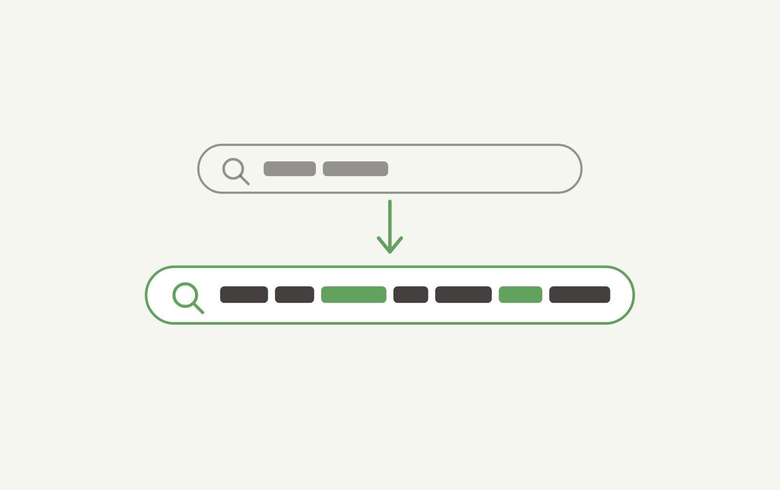 Flat vector illustration comparing two search bars: a short, muted two-word query above a longer, fuller natural-language query highlighted in sage green below
