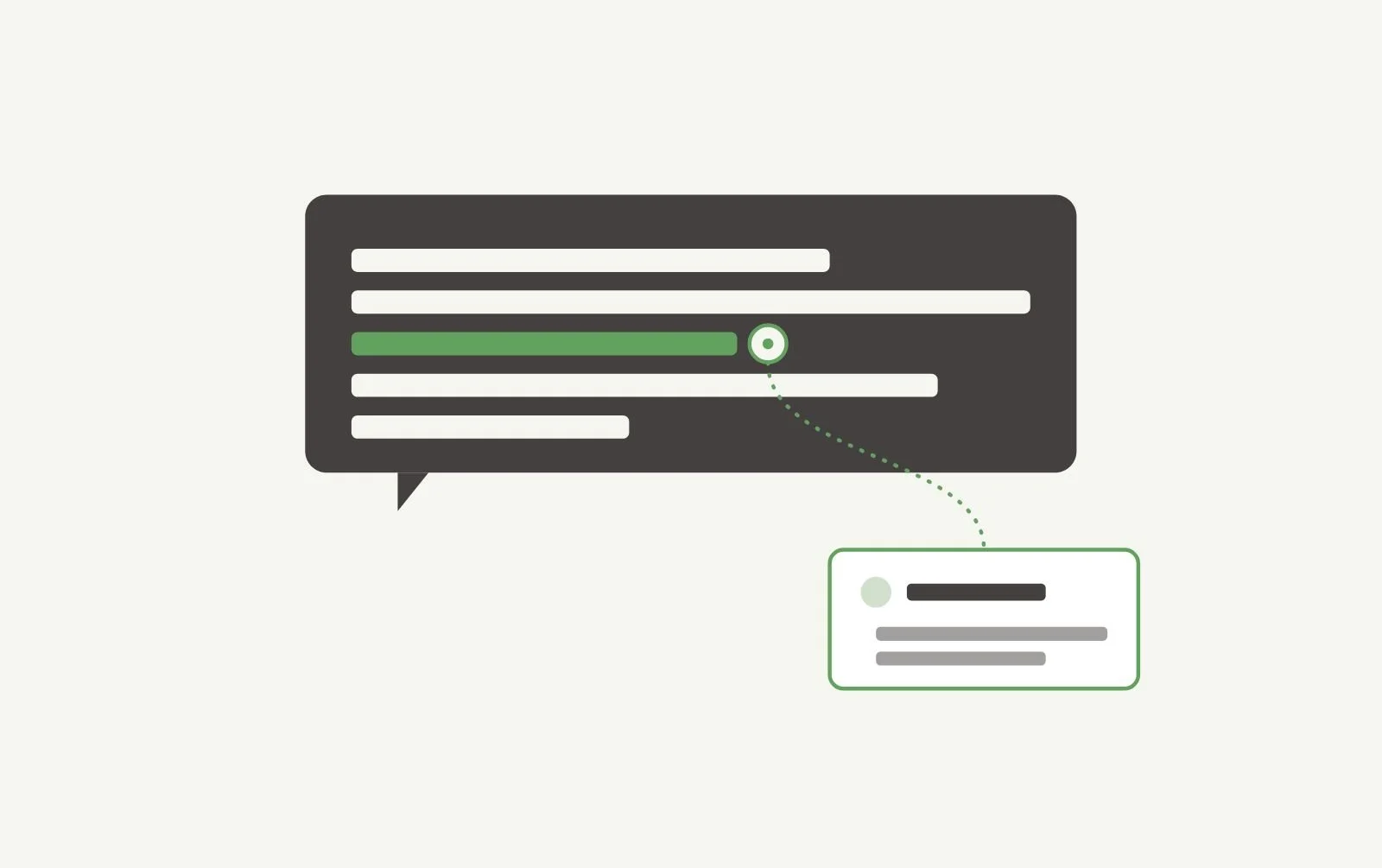 Flat vector illustration of a chat-style AI answer with one line highlighted in sage green, connected by a dotted line to a small cited source card