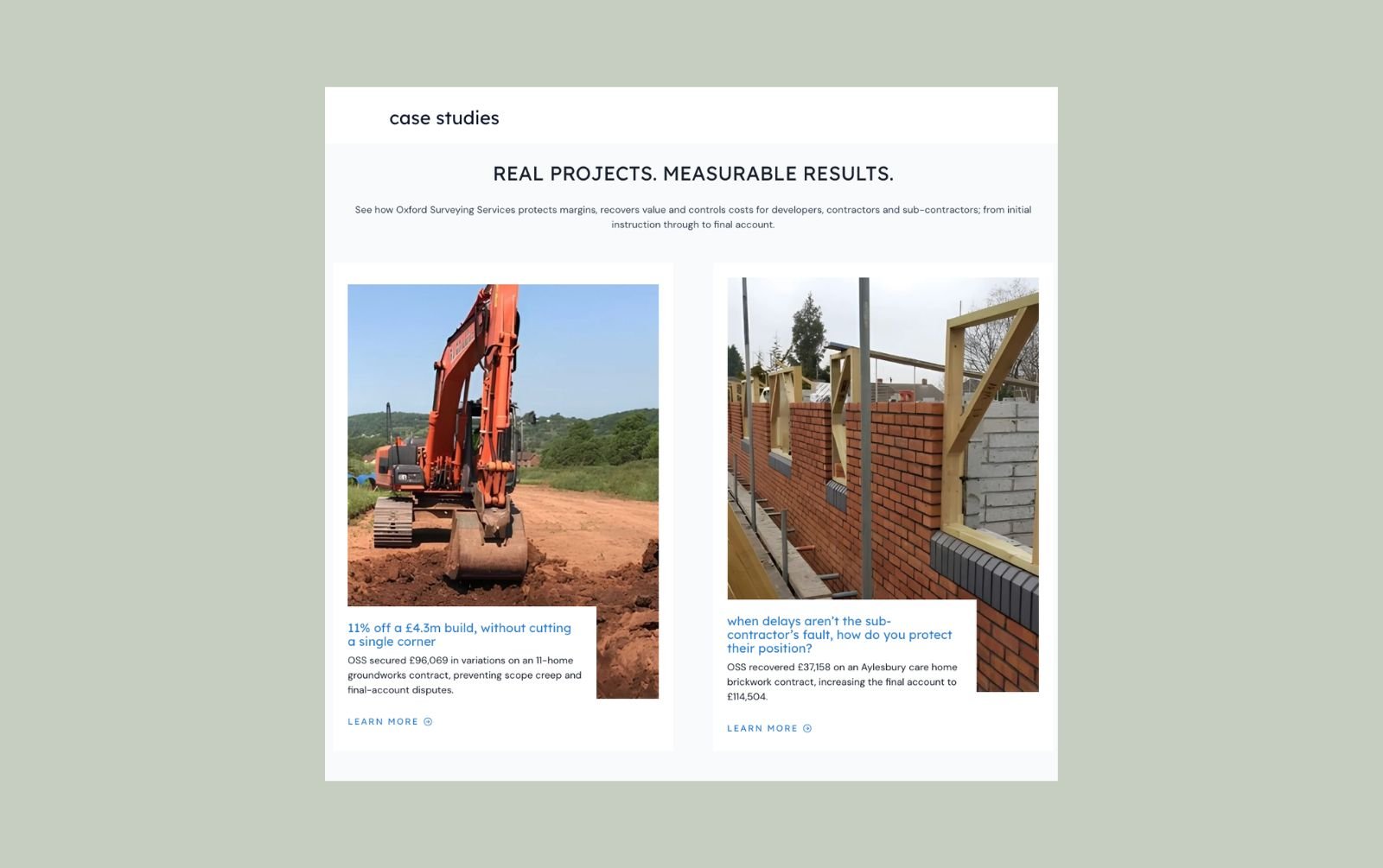 Oxford Surveying Services case studies hub page showing groundworks and care home brickwork case study cards with site photos