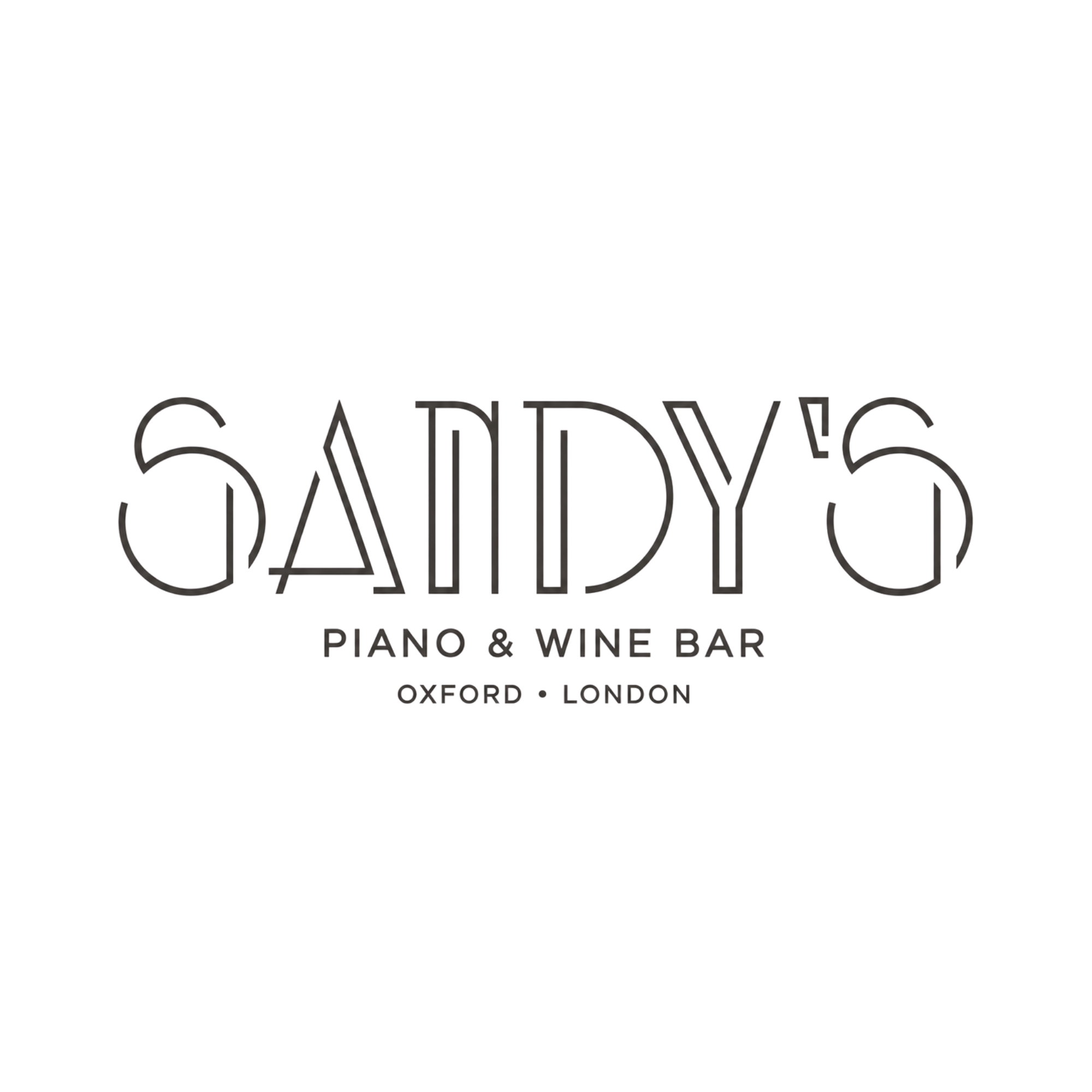Black background with white and gray text presenting the name and location of Sandy's piano and wine bar in Oxford and London.