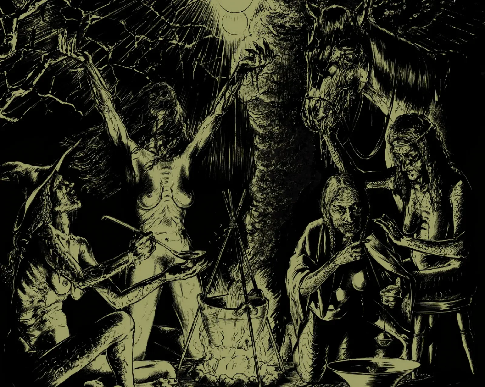 Amputee album artwork depicting ritualistic figures and decay, expressing the band’s raw doom and black metal themes and oppressive atmosphere.