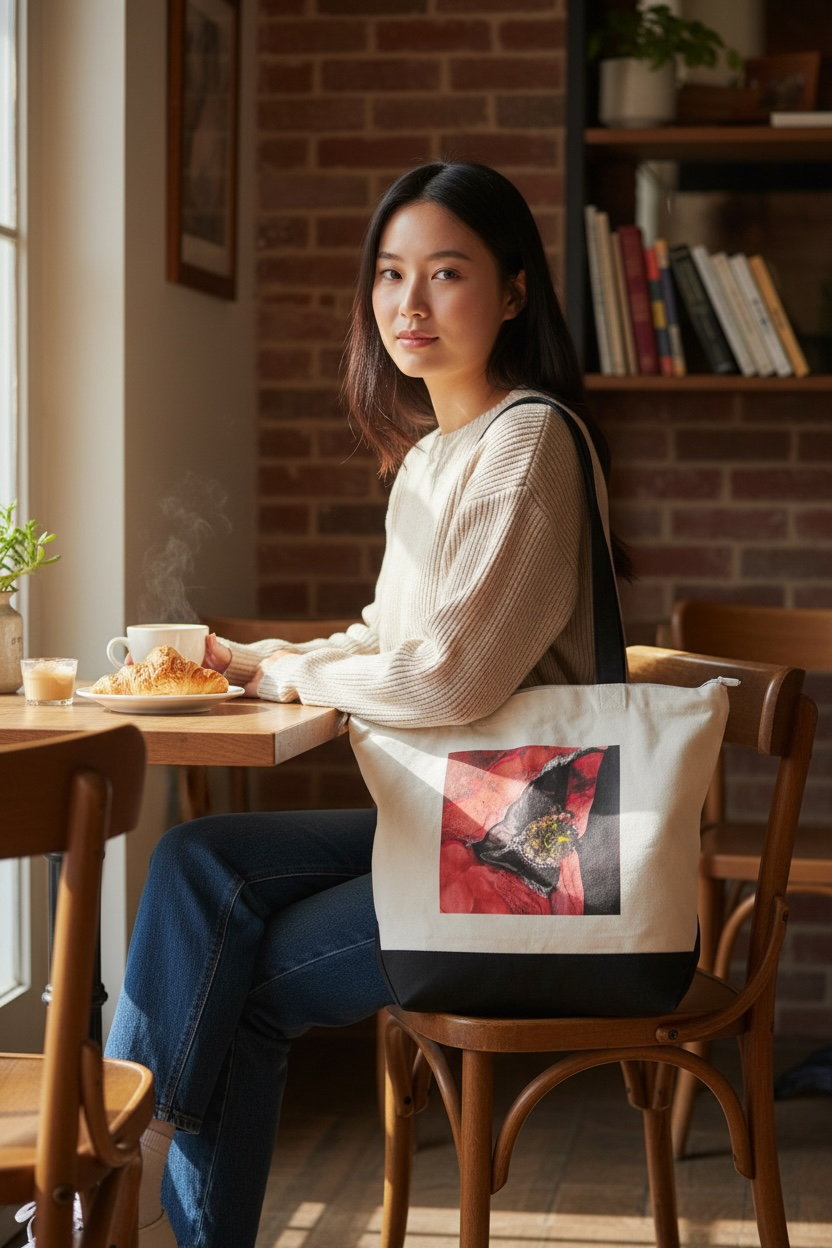 Grand sac fourre-tout zippé en coton - Reproduction de "L'Oeil du Coquelicot"