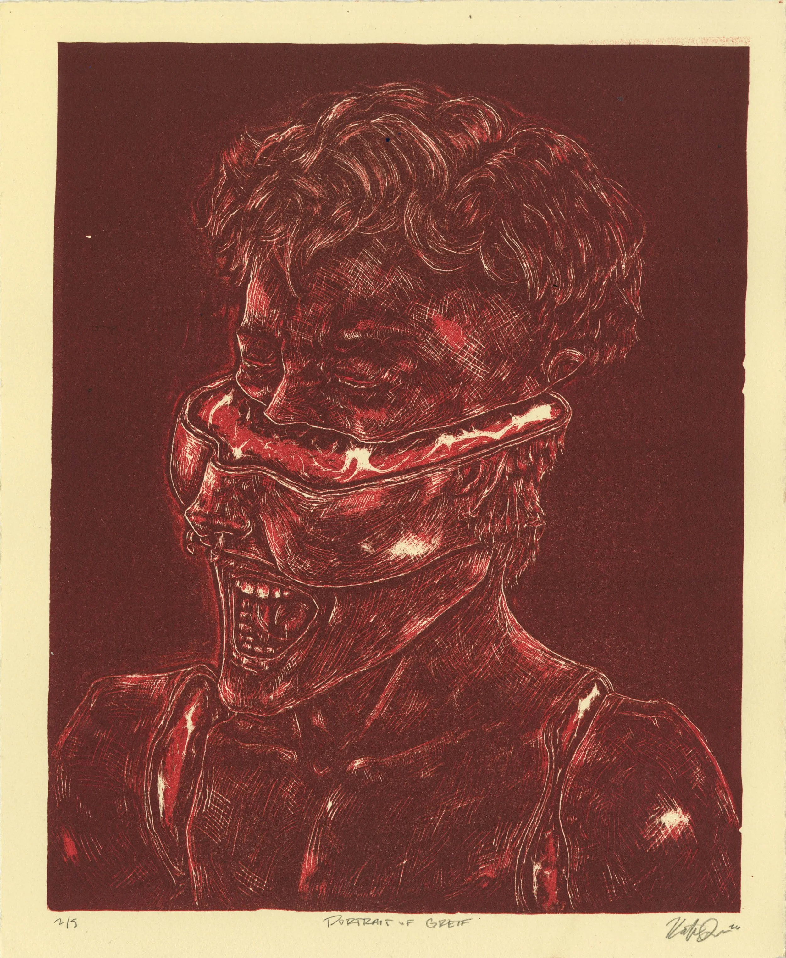 Portrait of Grief - 9 x 10 in Reductive Lithograph