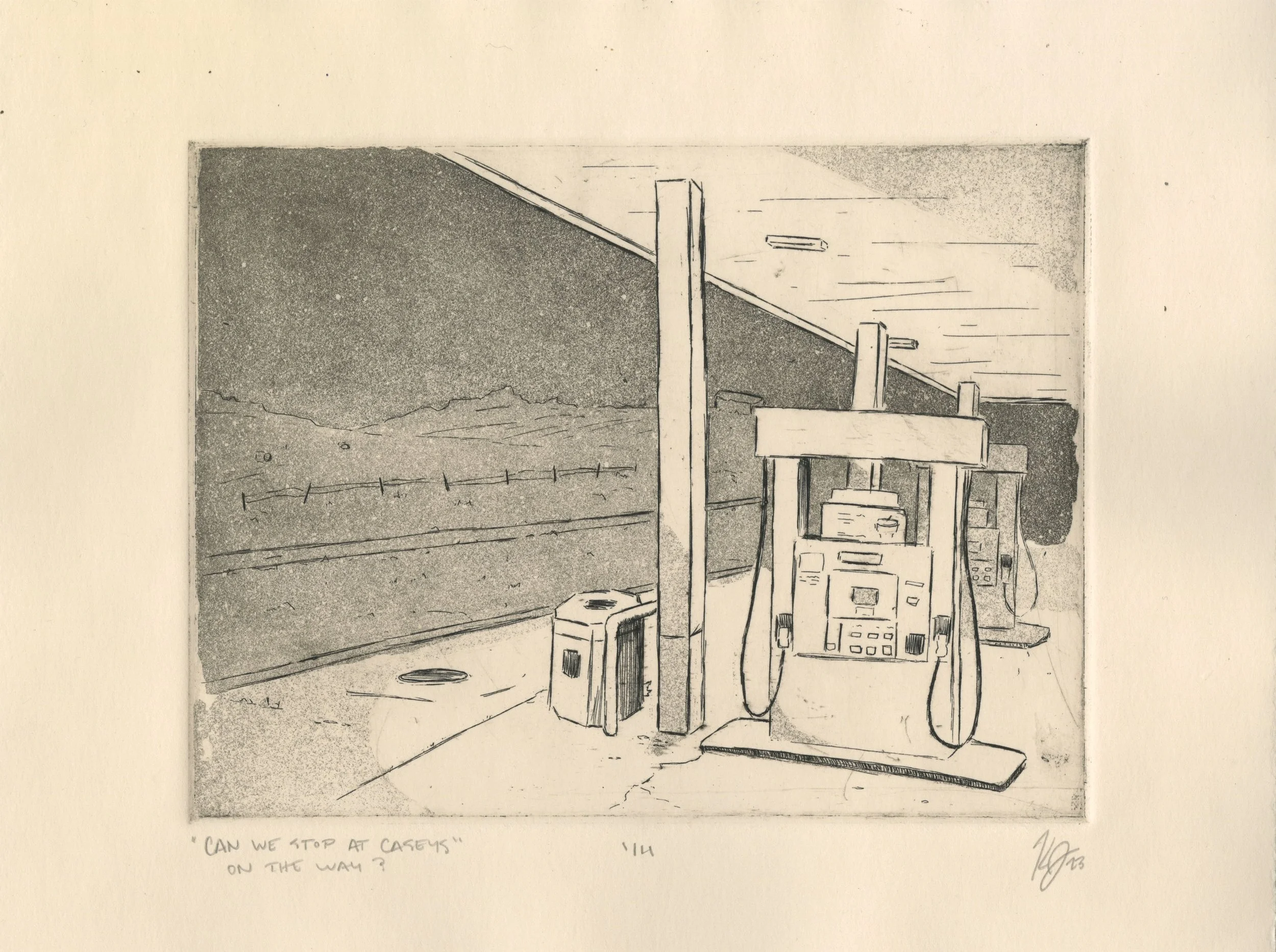 A sketch of a gas station at night with two gas pumps, a trash can, and a covered canopy, with mountains and a fence in the background.