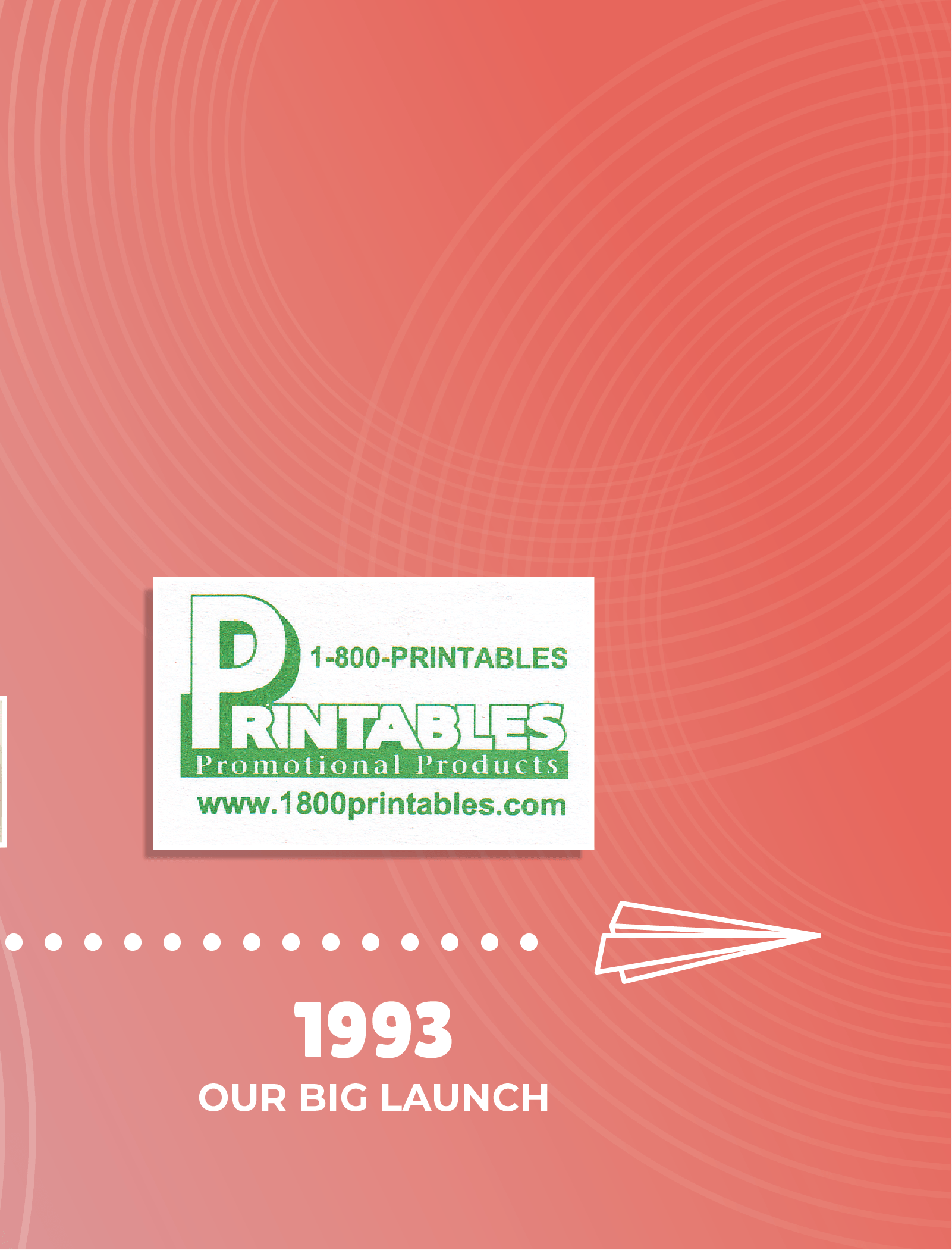 A promotional poster with a pink background featuring a white dotted line, a paper airplane icon, and text that reads '1993 Our Big Launch' along with a green and white logo for 1-800-PRINTABLES, a website URL, and a tagline, all celebrating a signif