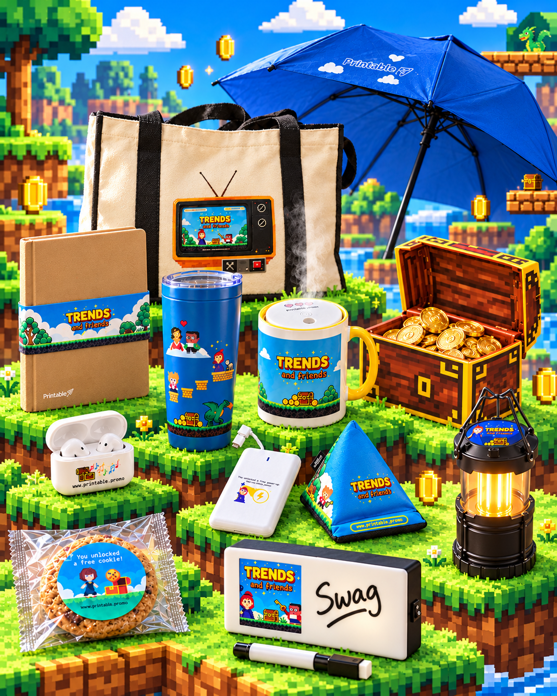 Video game themed promotional products from the Printable Trends & Friends client event, including a tote, tumbler, mug, and treasure chest of chocolate coins