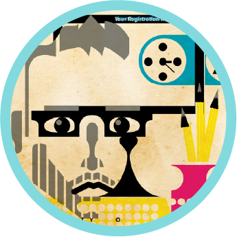 Abstract illustration of a face with distinctive eyes, nose, and mouth, surrounded by colorful geometric shapes and patterns.