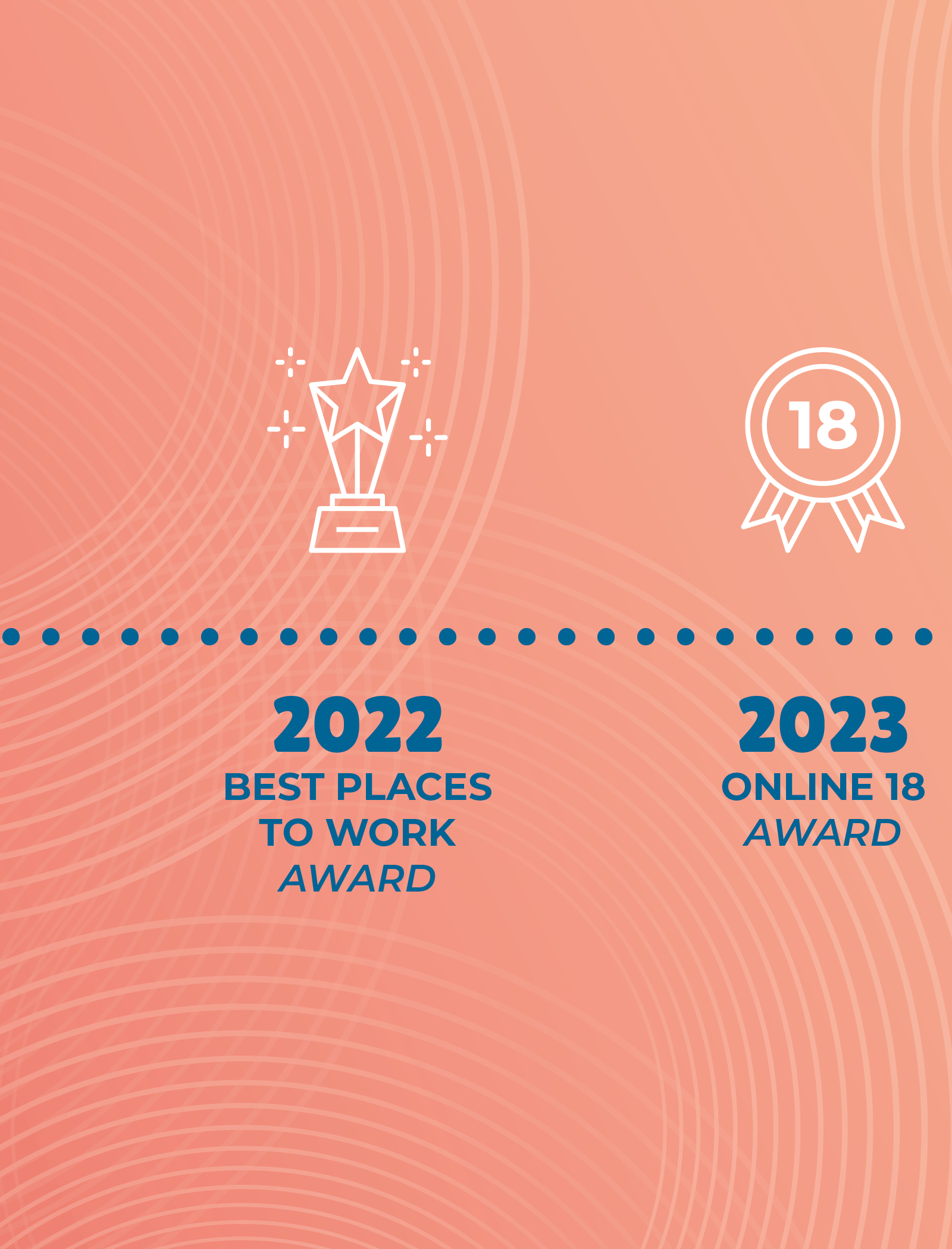 Award graphic showing 2022 Best Places to Work and 2023 Online 18 Award, with icons of a trophy and a ribbon, on a pink background with radial lines.