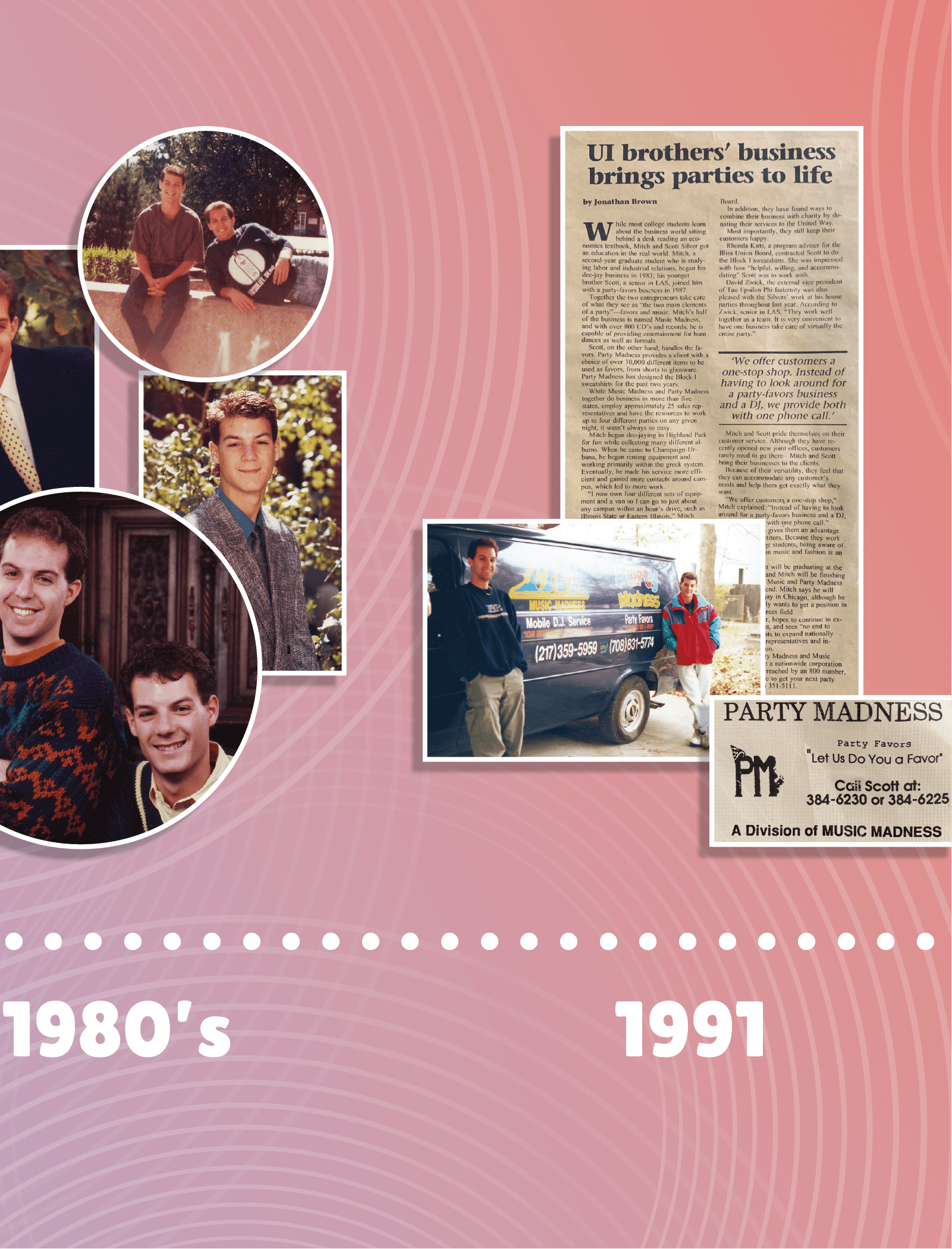 Collage of three young men photos, newspaper article about UI brothers' business, and a flyer for Party Madness, set against a pink background with concentric circle patterns.