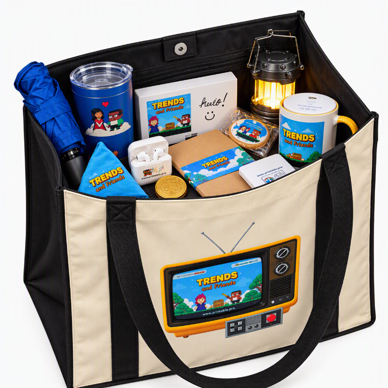 Video game themed promotional products from the Printable Trends & Friends client event, including a tote, tumbler, mug, and treasure chest of chocolate coins