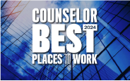 Text graphic with blue background, reads 'Counselor Best Places to Work 2024'.
