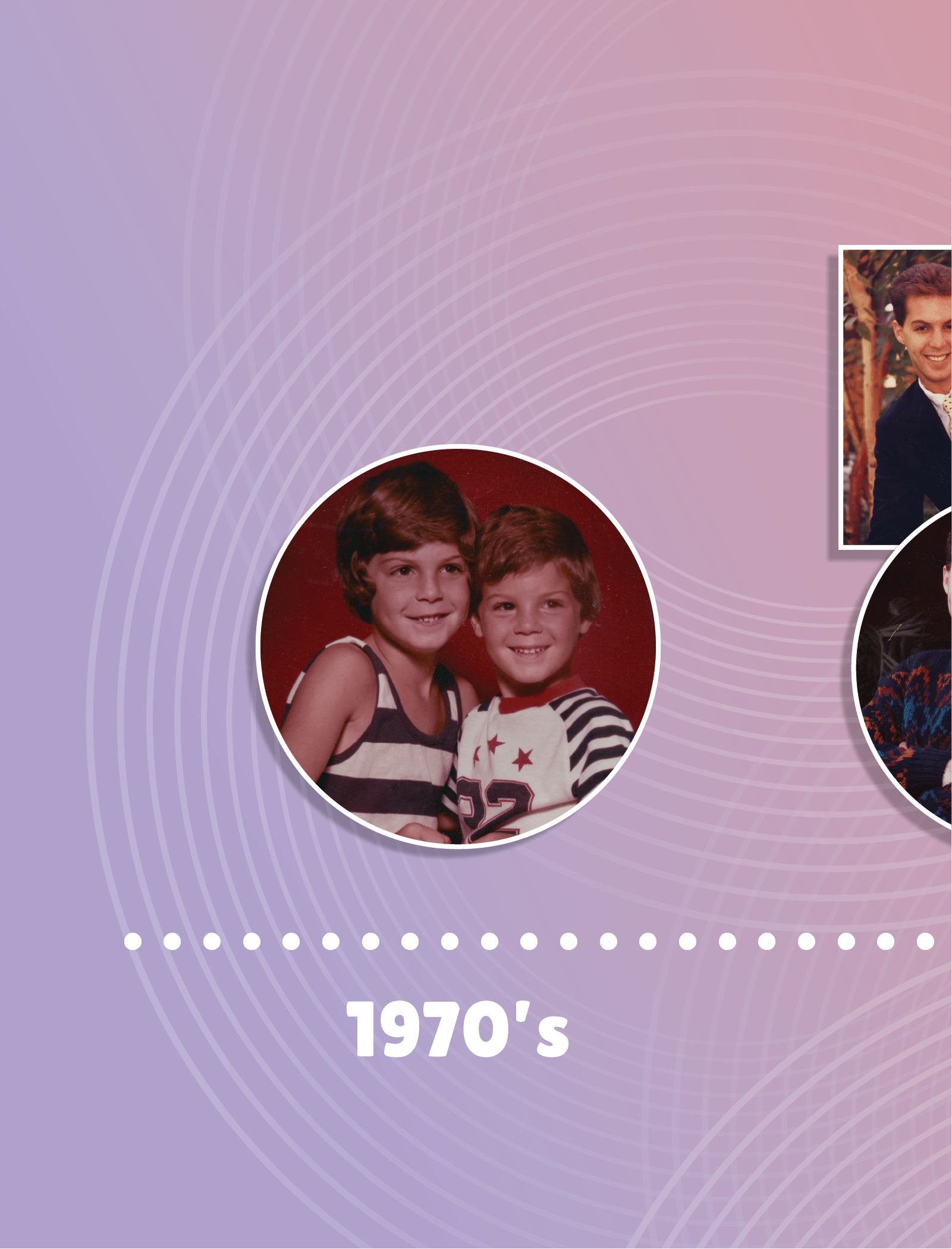 Vintage photo of two young boys with brown hair, smiling, one wearing a striped tank top, the other in a star and stripe patterned shirt, from the 1970s, against a red background.