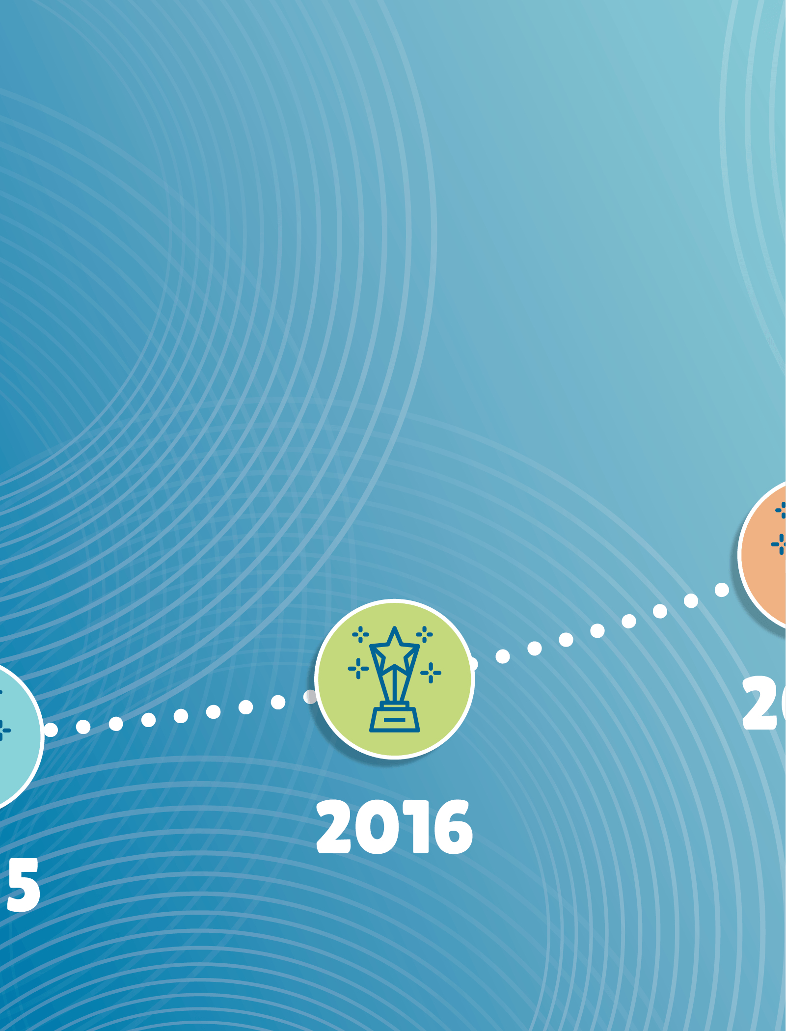 Part of a timeline with icons representing milestones, including a trophy in a green circle labeled 2016, on a blue background with circular patterns.
