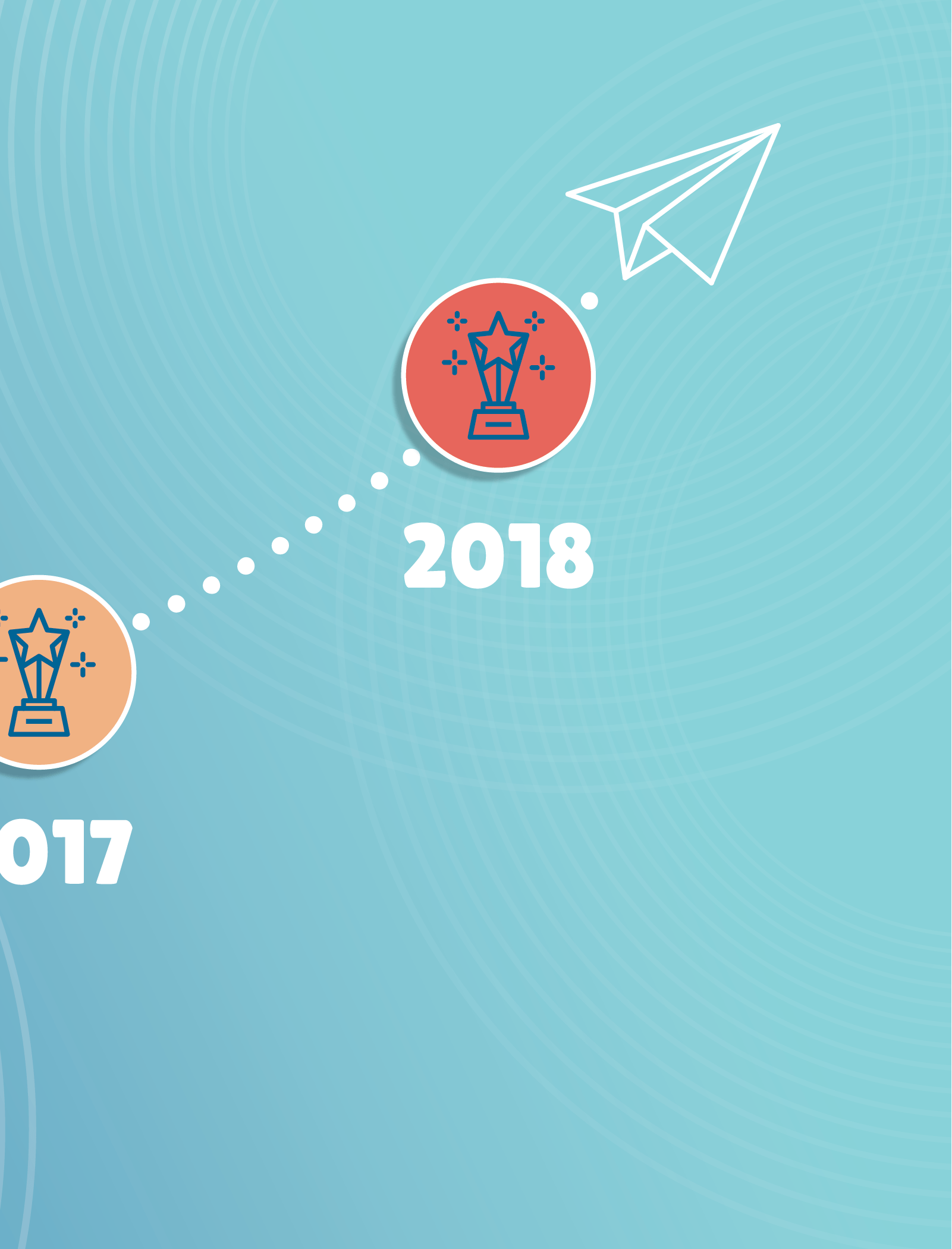 A digital timeline showing award icons for the years 2017 and 2018, with a paper airplane icon near 2018.