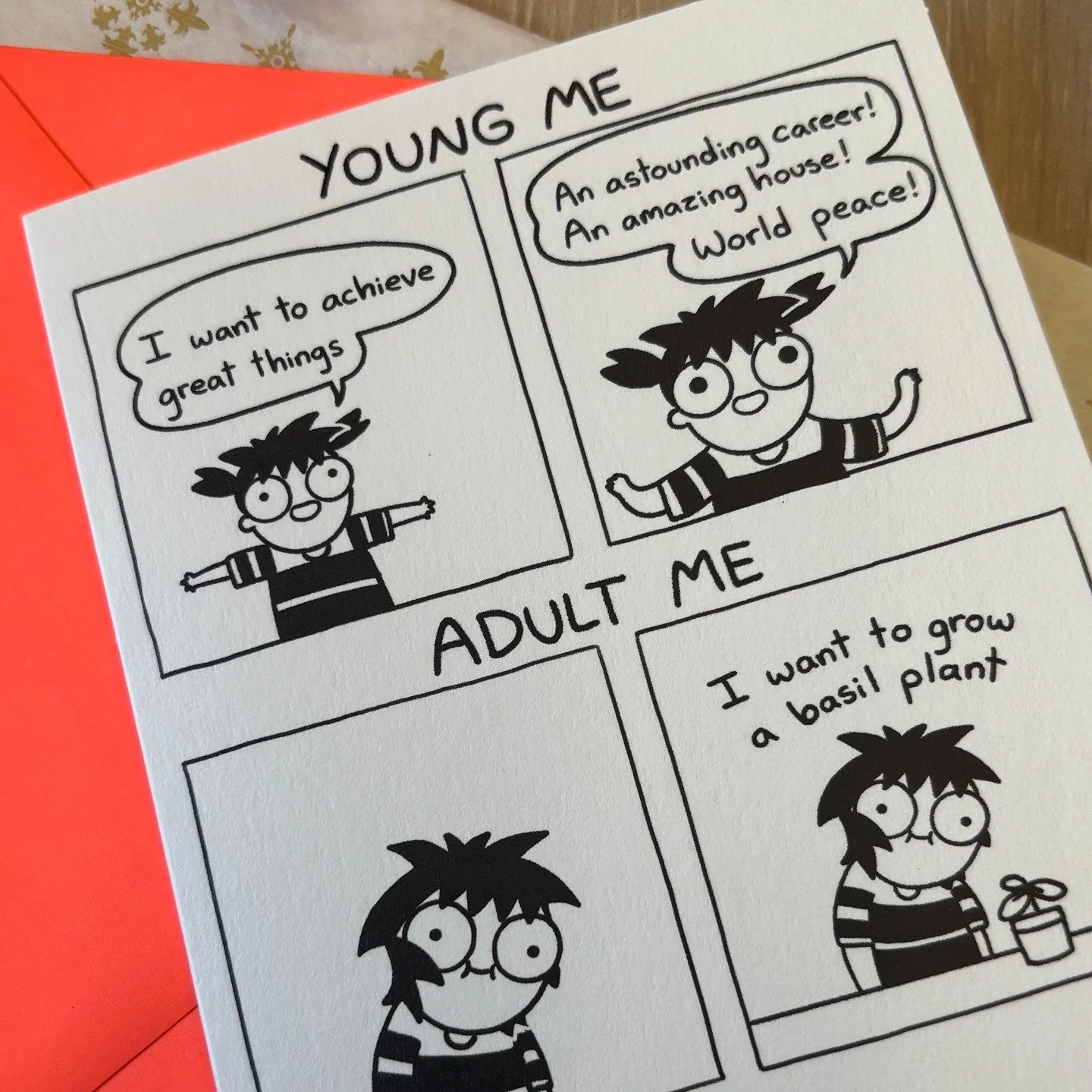 Someone got me a card yesterday showing that @sarahandersencomics managed to perfectly capture where my life is at the moment. Picture 2 is the basil I planted about 10 days ago...