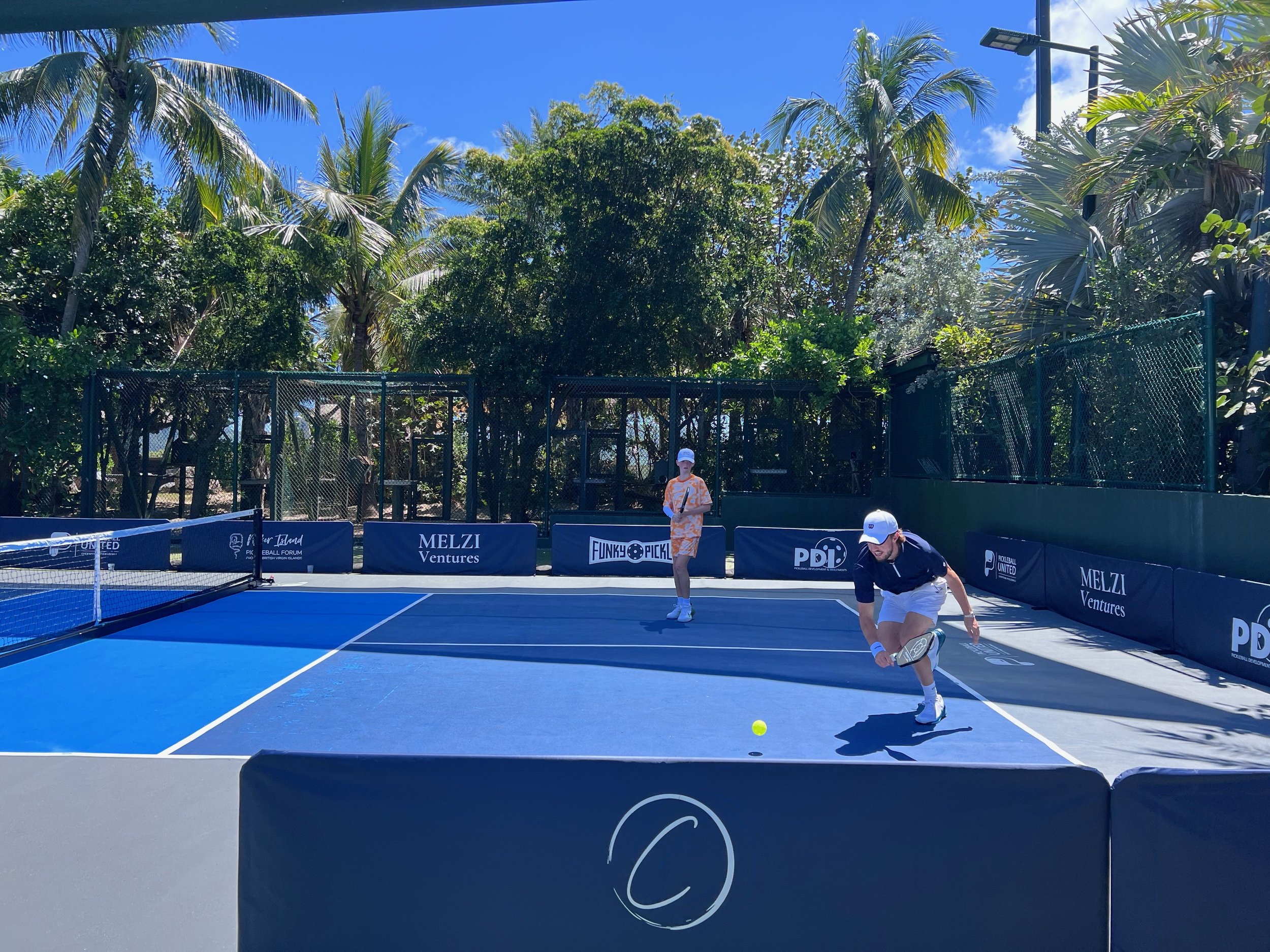 Two people playing pickleball on an outdoor court surrounded by palm trees.