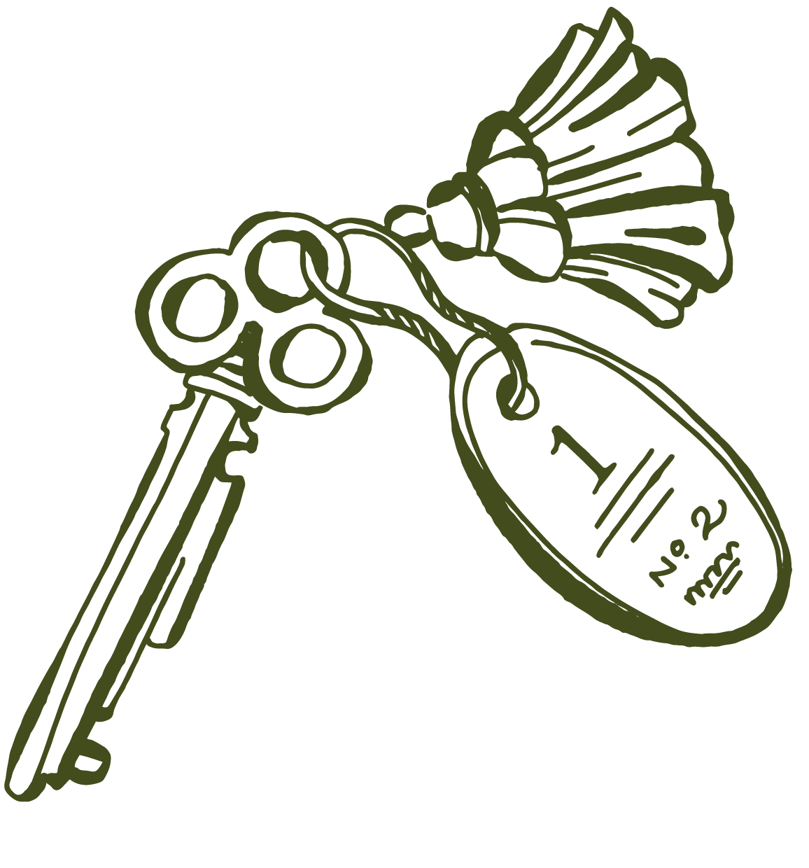 A graphic illustration of a vintage-style key with a tassel, with a military or prison-style tag attached, labeled 'H. 1/12' and 'No. 2'.