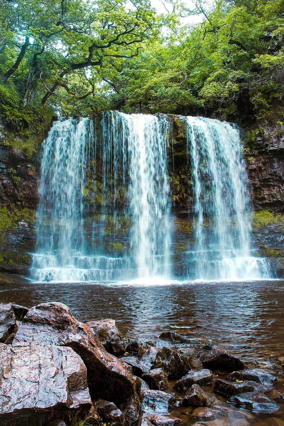 A waterfall cascading over rocks into a pool surrounded by lush green trees.