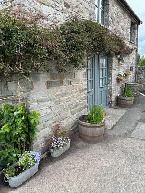 Exterior of a stone building with blue double doors, potted plants, and window boxes.