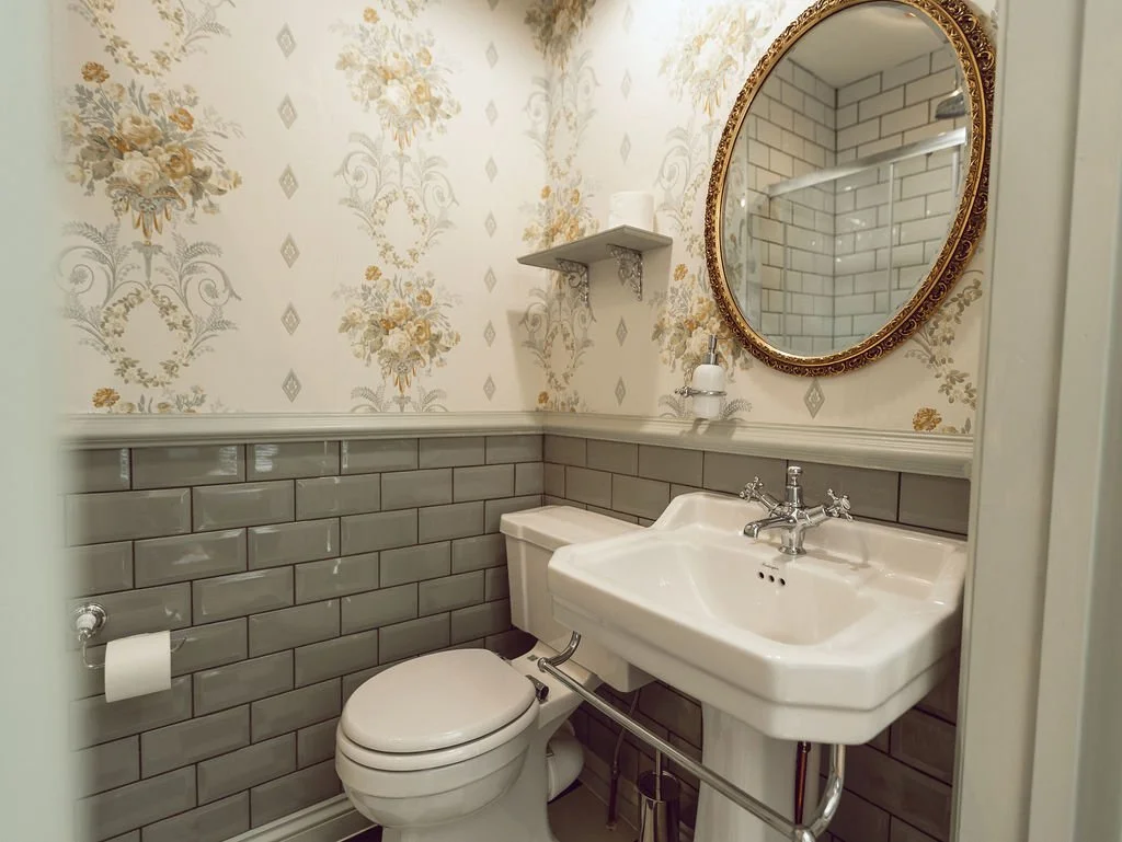 A small bathroom with vintage floral wallpaper, a white toilet, a porcelain sink with vintage-style faucets, a round ornate mirror, a small wall shelf, and a partially visible shower with white subway tiles.