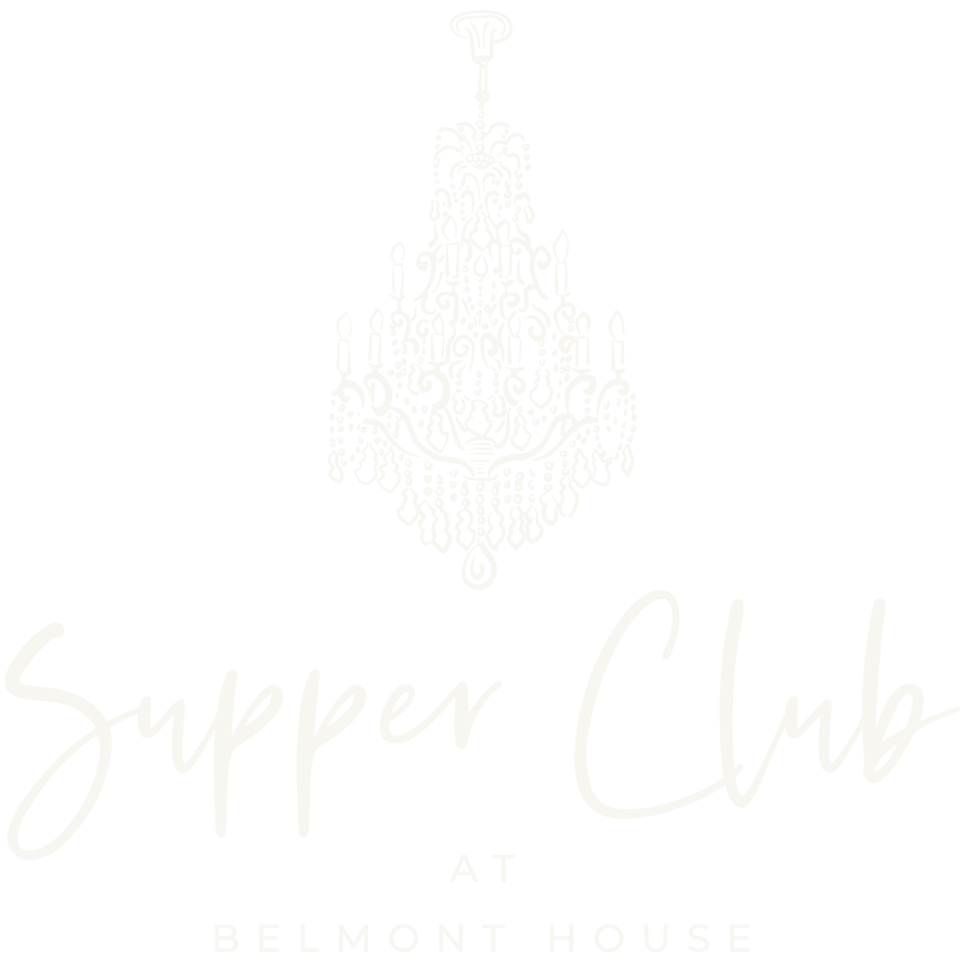 Logo for Supper Club at Belmont House featuring a white chandelier illustration on a black background with the text 'Supper Club at Belmont House'.