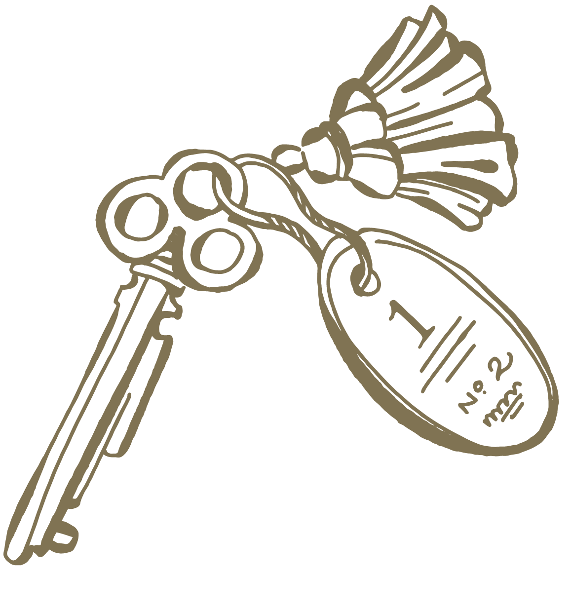 Line drawing of a set of keys with a keychain that has a tassel attached, and a tag marked '1/1 No.2'.