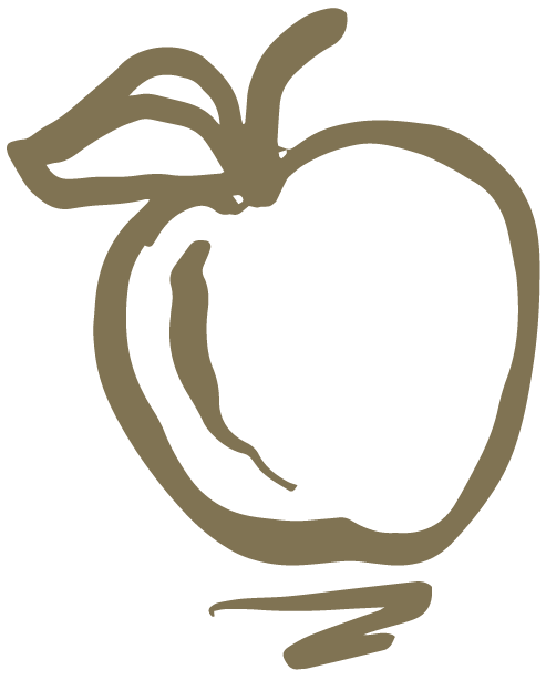 Line drawing of an apple with a leaf and stem.