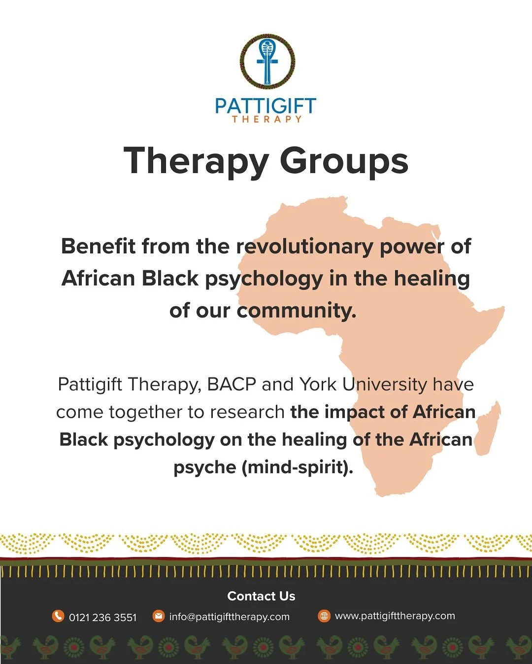 The good folks over @pattigifttherapy will be offering 16 weeks of free group therapy in Brixton based on Black psychology and African-centred values and practices. 

Sessions start in October and will be part of a joint research project that explore