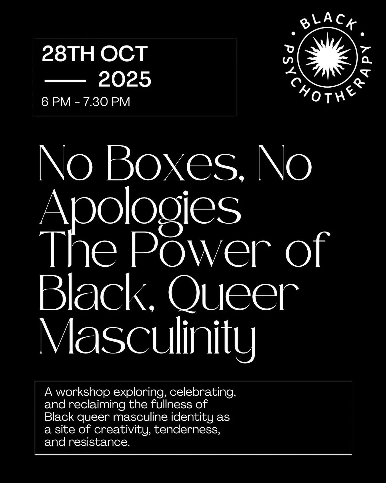 We&rsquo;ve had an incredible Black History Month with ya&rsquo;ll, so far🖤 Thank you to everyone who has joined us! 

We&rsquo;ll be bringing our programme to a close this Tuesday with a therapist-led workshop run by Damian Higgins. The session is 