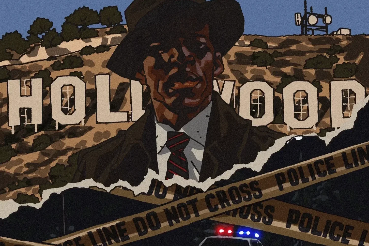 A Black man in a suit and hat looks out over the Hollywood hills, caution tape, and a cop car. Original illustrations by Pola Maneli.