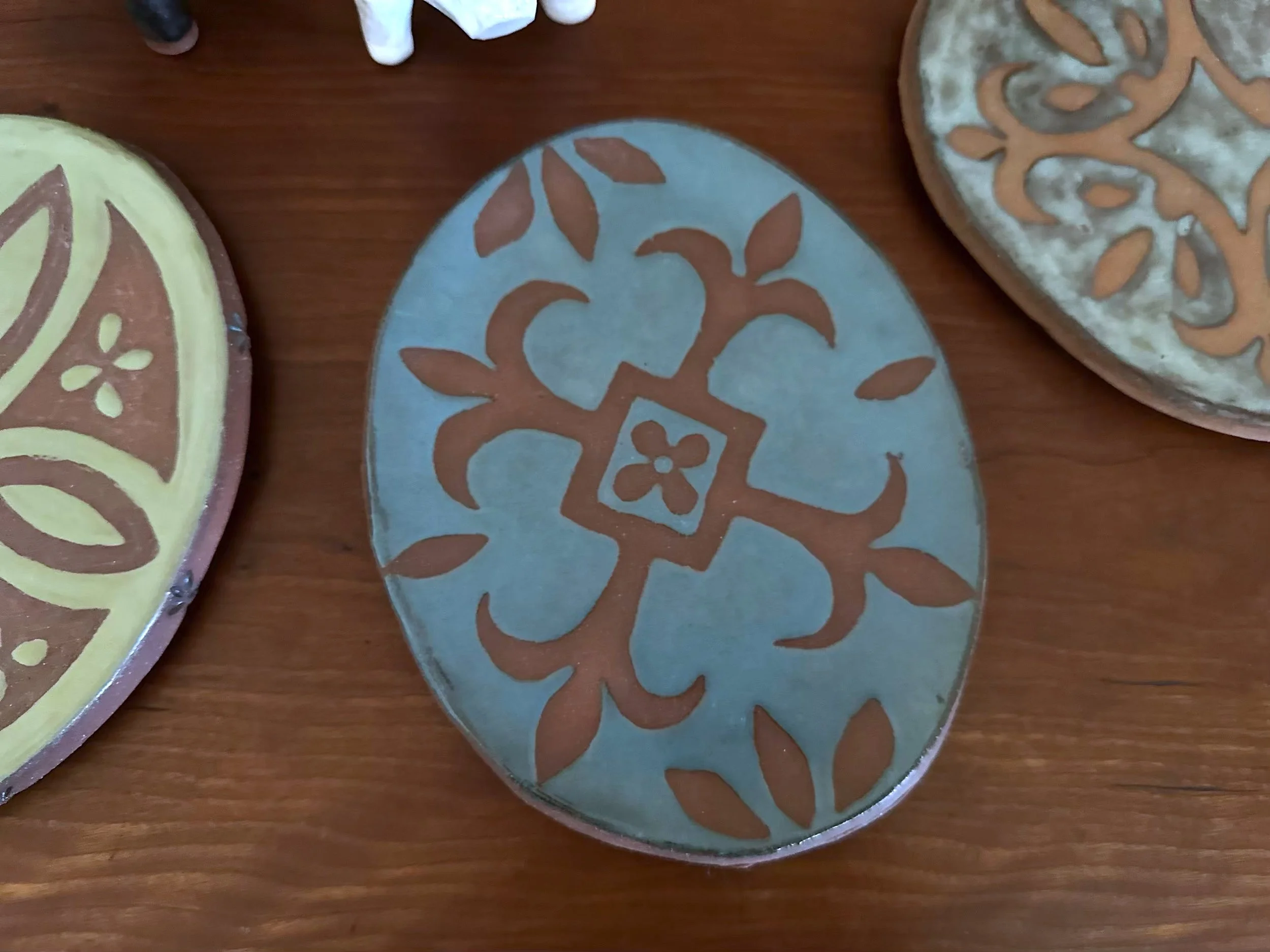 Blue Fleur de Lys with flower in center plate salt and pepper set by Yellowstoneware by jesse fales copy.jpg