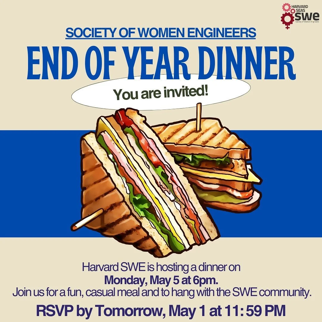 Join us! SWE will be hosting a dinner next Monday at 6 pm to ring in the end of the school year. RSVP with the link in our bio by tomorrow at midnight! :))